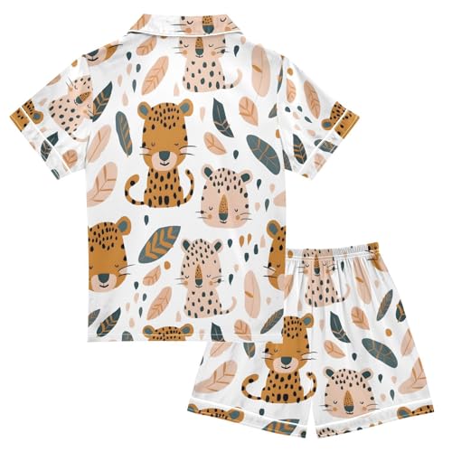 ALAZA Cute Cartoon Leopard Cheetah Pajamas Satin Pajama Set Short Sleeve Button Down Sleepwear2
