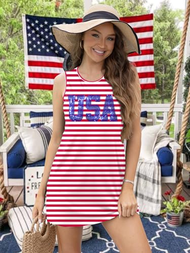 Image of VVNTY American Flag Tank Dress Women: 4th of July Shirts Sleeveless Patriotic USA Flag Tees Casual Summer Tanks Sundress