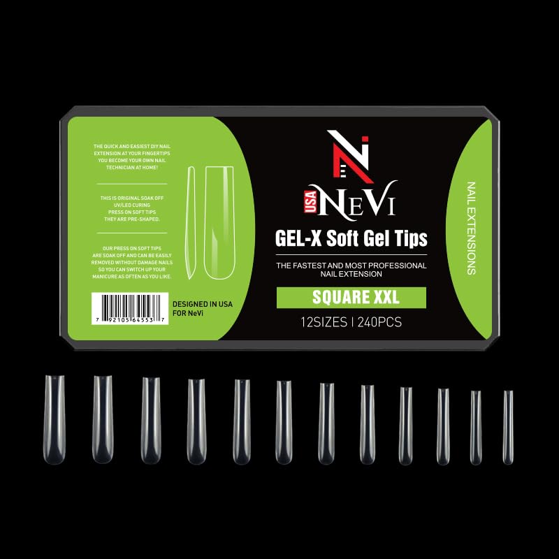 Nail Gel-X Natural Square XXL Tips Set - NeVi USA Premium Quality, 240 Tips in 10 Sizes - Complete DIY Nail Extension Kit | No Size 00 Included #5 and #6 Are Double Quantity