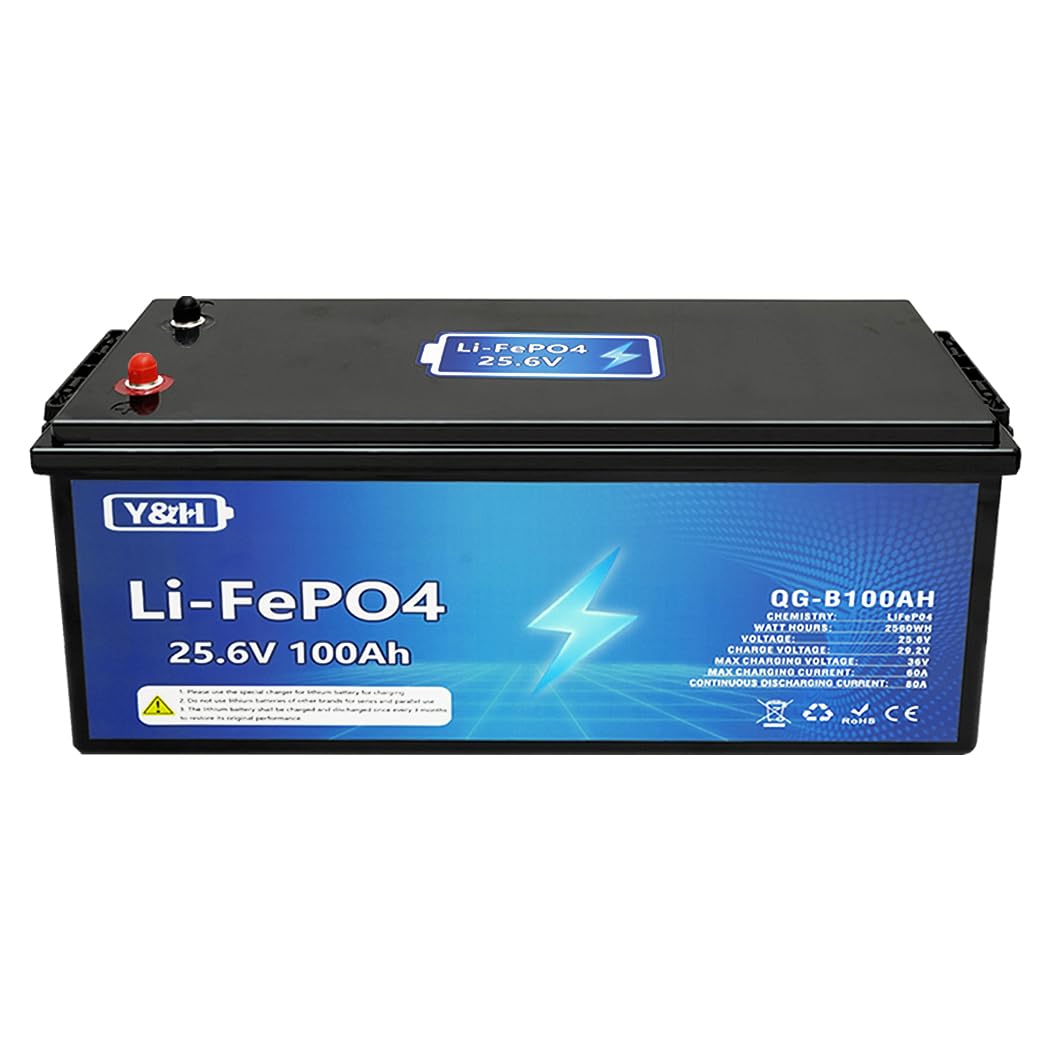 Y&H Batería de Litio LiFePO4 de 24 V 100 Ah con Bluetooth máx.2560 WH, Capacidad de energía, Puerto USB,indicador de Voltaje entiempo Real, BMS, para Motores de trolling, caravanas, Barcos