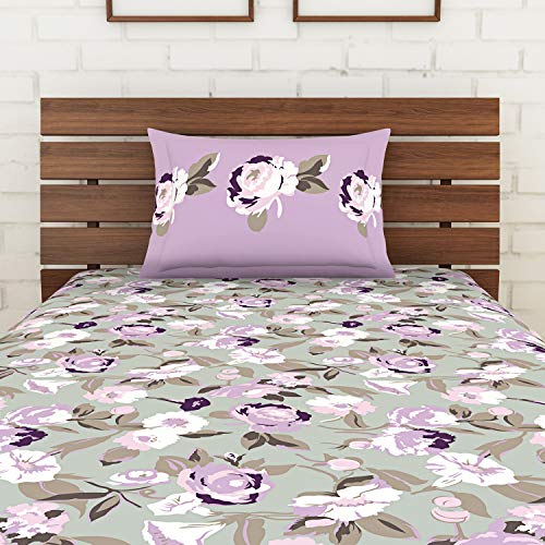 Image of Spaces Atrium Plus 210 TC 100% Cotton Single Bedsheet with 1 Pillow Cover (Floral, 60 inch X 88 inch Inches) - Grey
