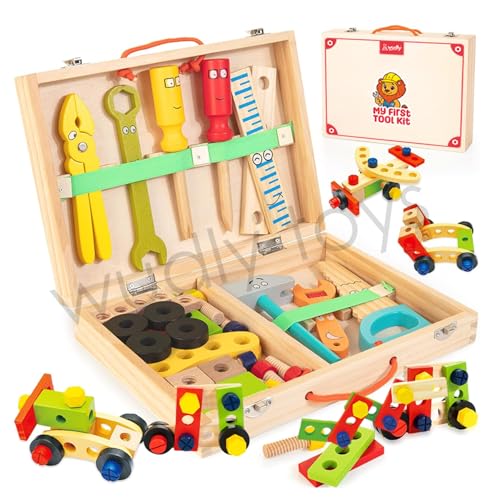 Image of WUDLY Wooden Tool Box Set for Kids | Montessori Construction & Building Toy with Tools, Nuts & Bolts | Pretend Play DIY Kit | Educational Gift for Boys & Girls (3+ Years)