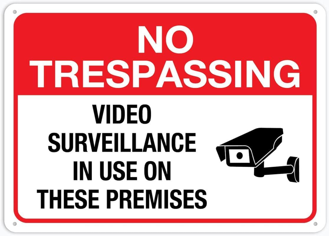 No Trespassing Video Surveillance in Use On These Premises Rust Free Aluminum Tin Sign - Warning Decor with Pre-Drilled Holes for Indoor-Outdoor Residential Yard, Business - 8x12 Inch​