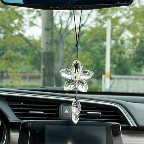 Image of Crystal Flower Car Rear View Mirror Hanging Ornament - Sparkles with Rainbows for a Sense of Luck and Happiness Car Interior Accessories (Gray)
