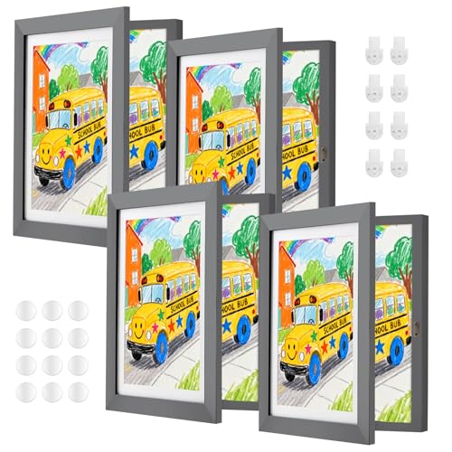 Image of ABCHIOPQ 4 Pack Gray Kids Art Frame, 8.5x11 Front Opening Wood Kid Artwork Frames Changeable, Wall-mounted or Standing Children Art Frame with Mat, Holds 150 Pcs, Drawing Display Storage Frames