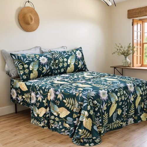 Image of FADFAY Sheets Set Twin XL Teal Elegant Floral SheetsTropical Plam Leave Sunflower Bedding 800 TC Luxury Summer Bedding 100% Egyptian Cotton Deep Pocket Bed Sheets Set, 4 Pieces-Twin Extra Long Size