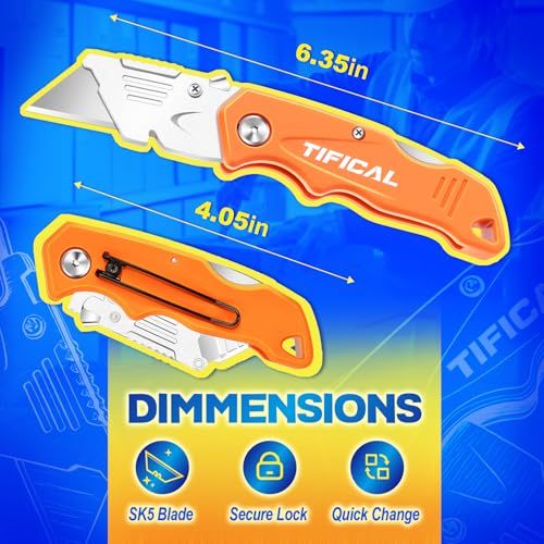 TIFICAL Box Cutter, Quick Change Folding Box Cutter with Clip, Folding Utility Knife Set, Extra 10 SK5 Razor Knife Blades, Pocket Box Opener Cutter for Cardboard, Drywall, Rope, Linoleum, Packages