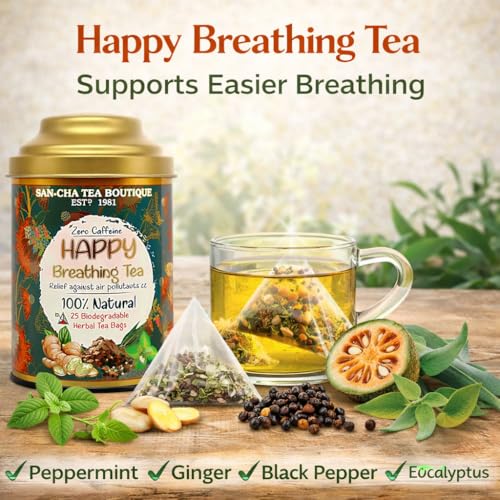 Image of Sancha Tea Boutique, Happy Breathing Herbal Tea, 25 Pyramid Tea Bags | Ayurvedic Decongestant Blend with Eucalyptus, Bael & Long Pepper | Caffeine-Free Wellness Tea in Double Lid Tin Caddy