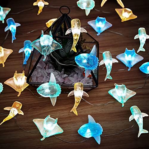 Nautical theme Sea Life Decorative Fairy String Lights, Whale Shark, Sunfish, Manta Ray Cute Novelty Marine Lights 30 LEDs 10 ft USB or Battery Operated for Bedroom Classroom Beach Aquarium Wall Decor