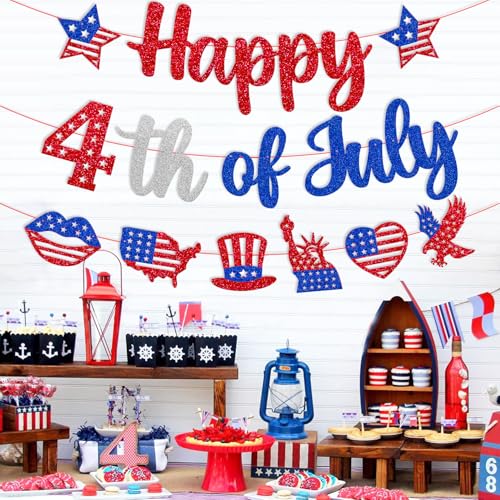 Image of Independence Day Decoration Happy 4th of July Banner | America's Birthday Decor Red White Blue Patriotic USA Memorial Day Decor Armed Forces Day National Day theme Party Supplies