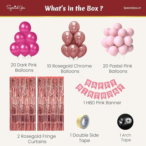 Image of SpecialYou.in Pink Balloons for Birthday Decoration Kit for Baby Girl with Dark & Pastel Pink, Rosegold Chrome Balloons for Decoration, Rosegold Fringe Backdrop Curtains- 55 Pcs