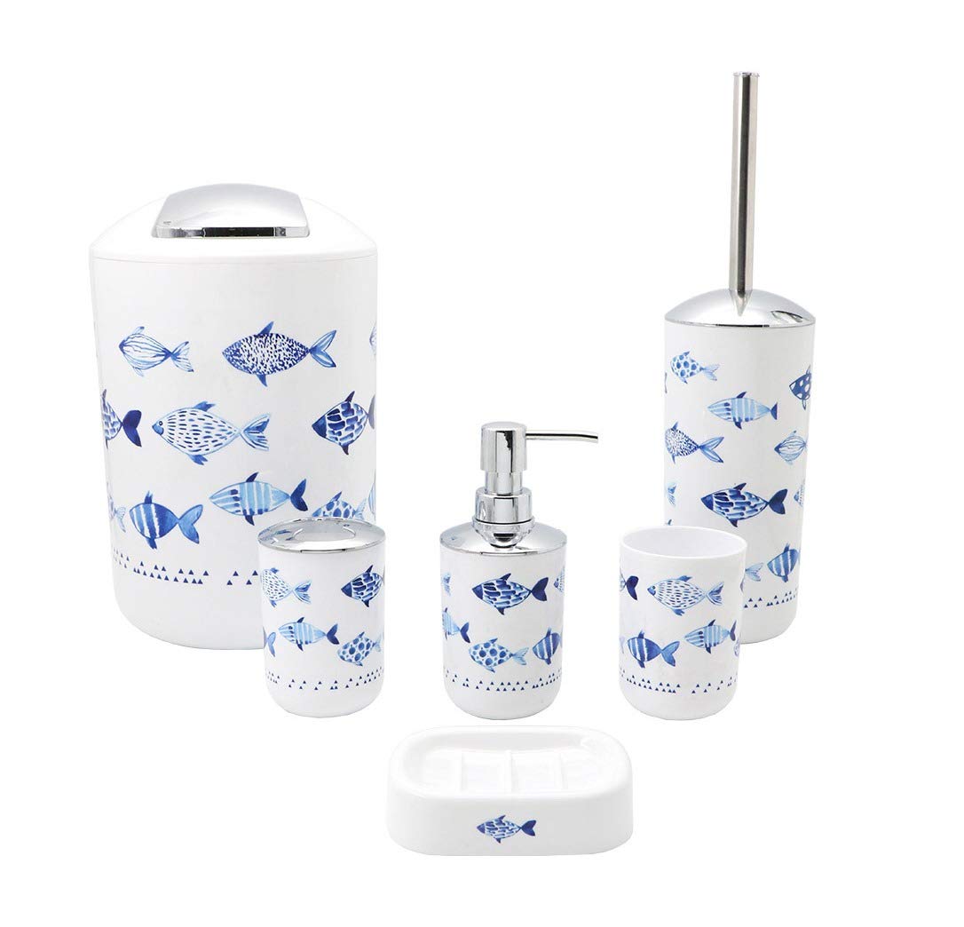 BM 4026 Set di Accessori da Bagno Bianco Blu Decorato Motivo Pesciolini, Accessori Bagno Completo 6 Pezzi, Dispenser, Portaspazzolino, Bicchiere, Portasaponetta, Portascopino, Pattumiera