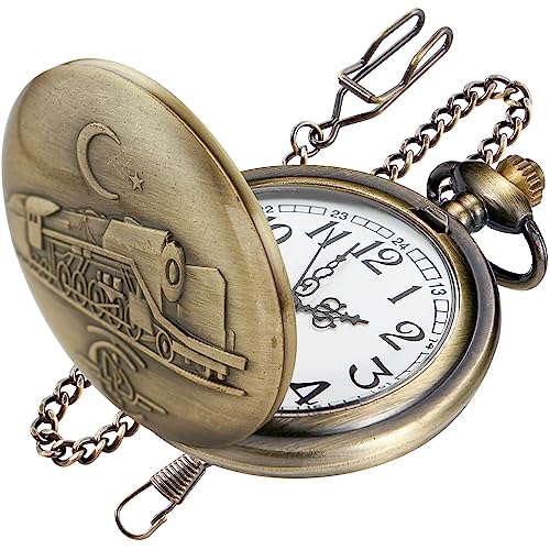 Realpoo Bronze Moon Train Design Men's Pocket Watch, Bronze Case