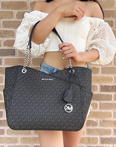 Michael Kors Jet Set Travel Large Chain Shoulder Tote Black Mk Signature #TOP3