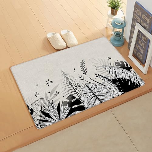 Black Plant Leaves Kitchen Bath Door Mat Cushioned Runner Rug,Washable Welcome Floor Sink Antifatigue Mat,Waterproof & Non-Slip Comfort Standing Doormat,Modern Abstract Bohemian Flowers 24