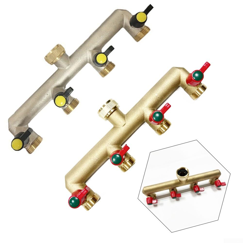 Distribuidor de grifo de agua de latón de 4 vías para manguera de jardín con cuatro salidas de 3/4 pulgadas galvanizadas