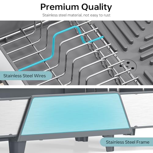 Image of Urackify Large Dish Drying Rack - Triple Expandable Dish Rack for Kitchen Counter, Stainless Steel Sink Organization and Storage Essentials with Utensil & Pans Holder for Home and Appartment, Gray