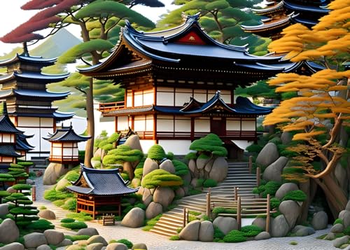 Toile murale village japonais médiéval pour salon zen moderne 50x70cm