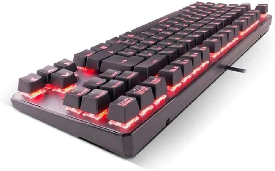 KROM Kernel TKL Keyboard side view with red backlighting