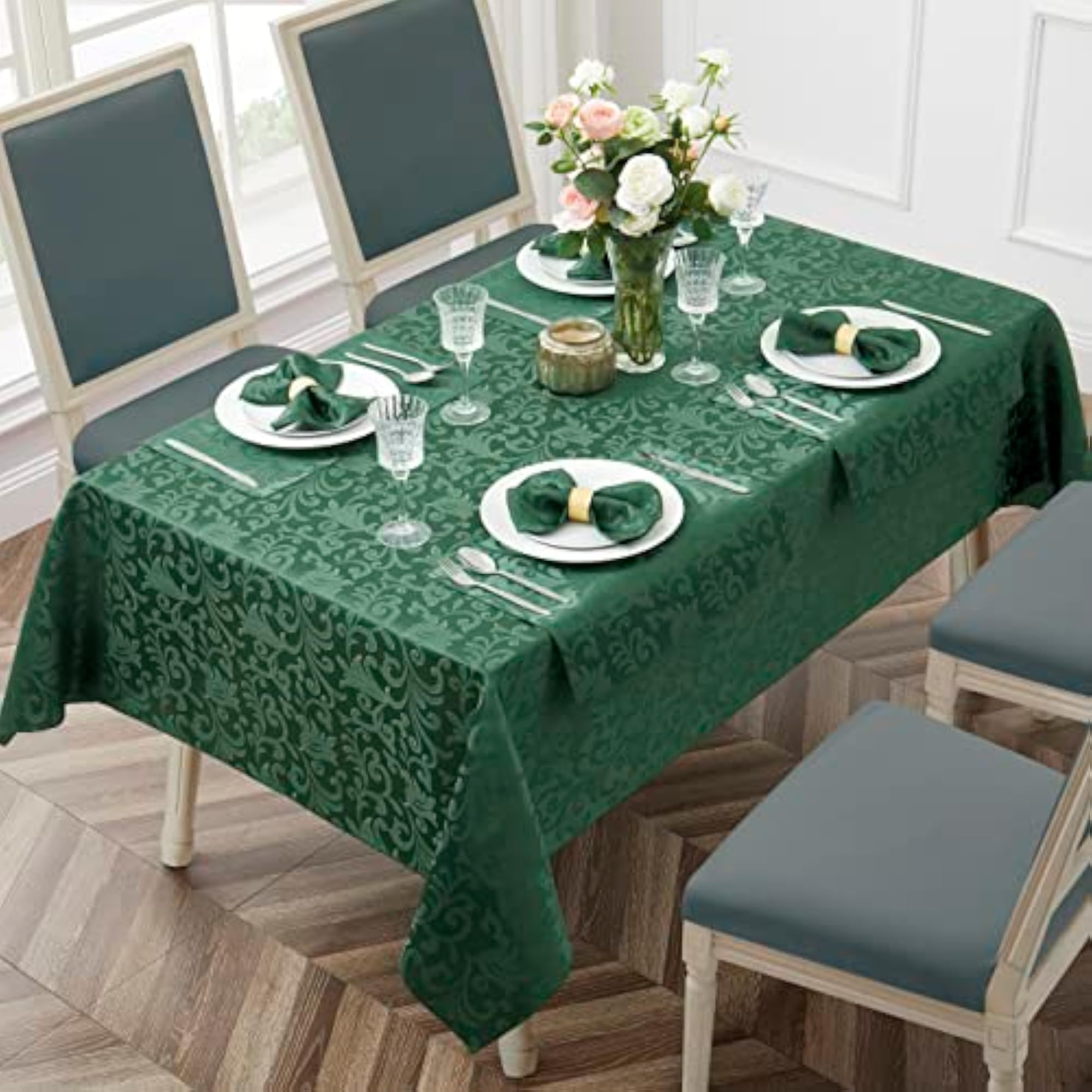 Scroll Damask Jacquard Rectangle Green Tablecloth