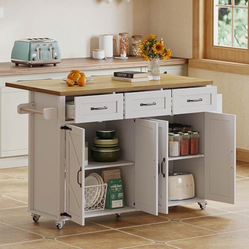 VIVCA Isla de cocina con encimera plegable, equipada con 5 ruedas bloqueables, 4 puertas, 3 cajones, toallero de doble cara, diseño de granero, color blanco, 140 x 43 (70) x 90,5 cm.