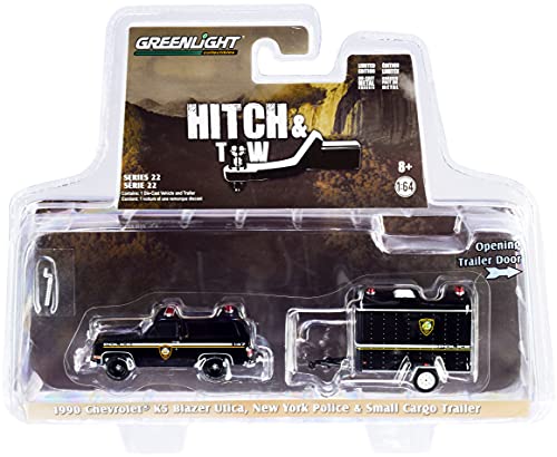 Greenlight Collectible 1990 Chevy K5 Blazer Black & Small Cargo Trailer Utica Police Department (New York) Hitch & Tow 164 Diecast Model Car by Greenlight 32220 D