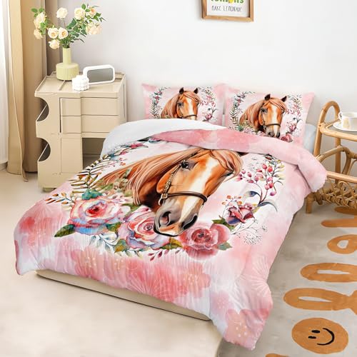 Image of AILONEN Beautiful Horse Comforter Set Twin Size, Horse with Floral Hoop Bedding Set for Kids Girls,Kawaii Animal Duvet Set,Pink Theme Bed in a Bag,Soft Microfiber,1 Quilt and 2 Pillowcases