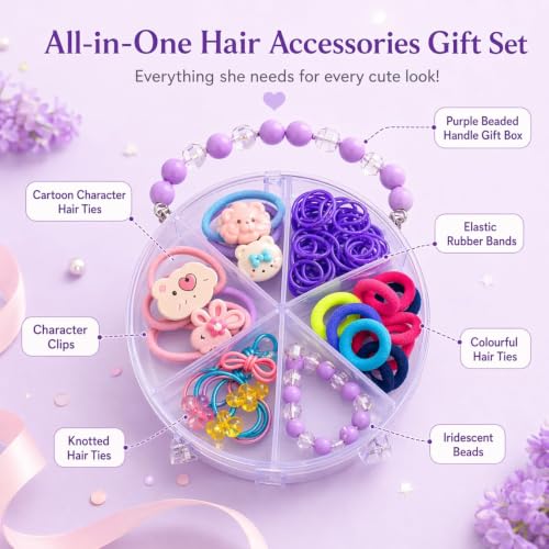 Image of Hair Accessories for Kids Girls | Purple Beaded Handle Box with Character Hair Ties, Rubber Bands & Beads | Hair Accessories for Baby Girl | Cute Hair Ties Set for Kids | Mixed Designs