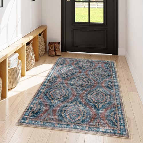 Vintage Entryway Rugs 3x5,Washable Boho Throw Rug Non-Slip, Retro Distressed Floral Area Rug Indoor,Low Pile Soft Lightweight Floor Carpet Bedroom Rugs for Kitchen,Living Room,Red/Multi