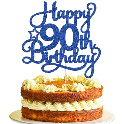 1 Pack Happy 90th Birthday Cake Topper Blue Glitter 90 & Fabulous Cheers to 90 Years Old Birthday Cake Pick for Celebrating 90th Birthday Anniversary Party Cake Decorations Supplies