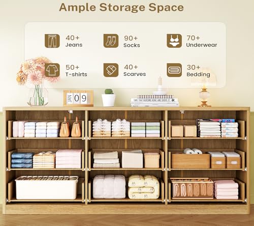 Image of TEENFON 63 inch Dresser for Bedroom with 9 Drawers, Modern Dressers & Chest of Drawers with Metal Handles, Fluted Dresser, Wood Closet Clothes Storage Organizer for Living Room, Hallway, Natural