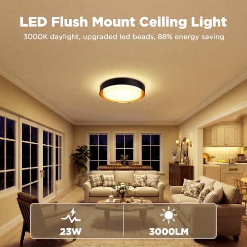Image of LUTEC Flush Mount Ceiling Light, Matte Black with Gold Interior, 13in 23W Dimmable LED Ceiling Lights, 3000K Daylight, 3000lm Super Bright Energy-Efficient Modern Lamp for Bedroom, Hallway, Kitchen