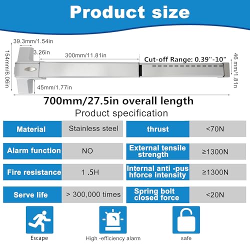 Barras de pánico de acero inoxidable de 70 cm para puerta comercial y herrajes de salida 3