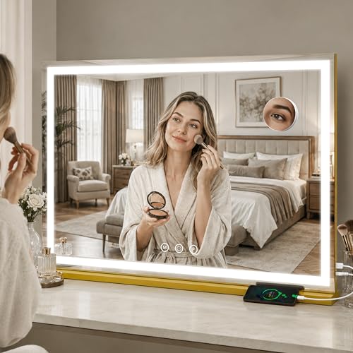 Image of FENNIO Large Vanity Mirror with Lights,35.5 inch x 27 inch LED Makeup Mirror,Hollywood Mirror with 3 Color Modes & Adjustable Brightness,Vanity Mirror Square Gold