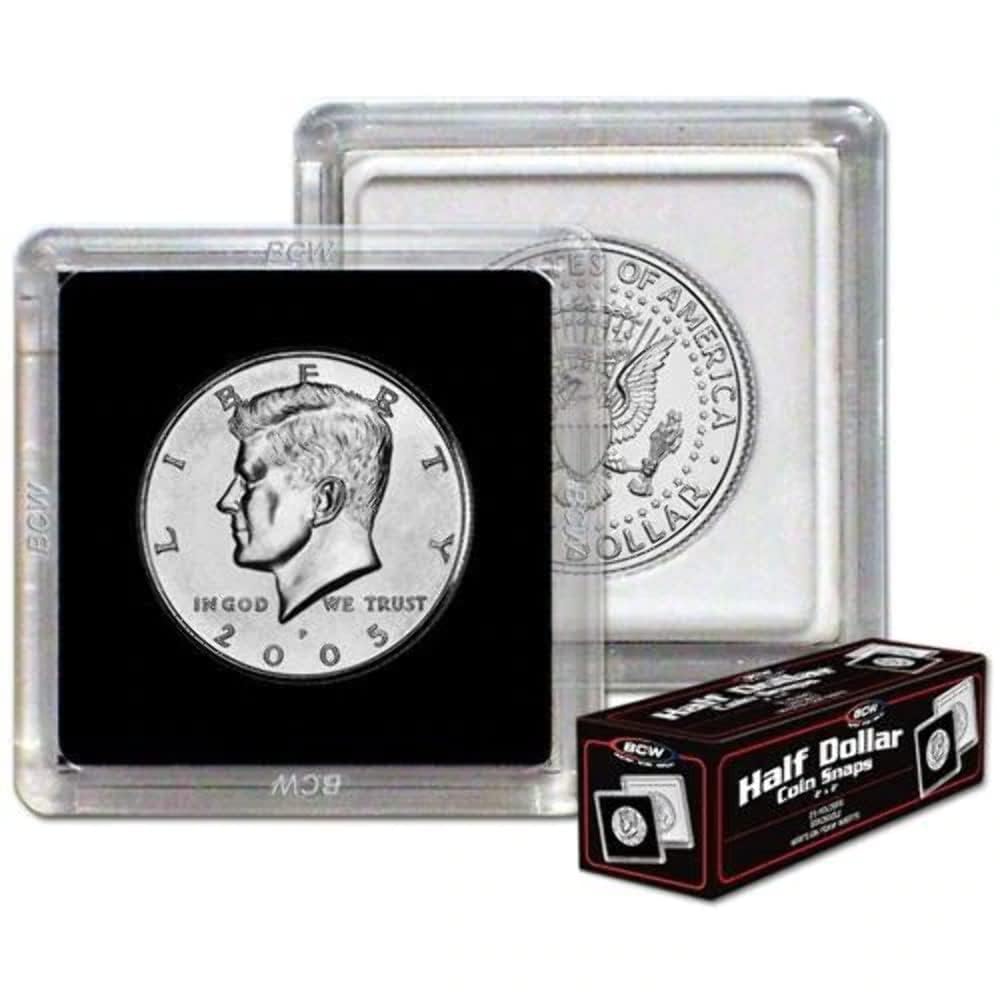 BCW 2x2 Coin Snap - 25 ct Half Dollar Holder | Archival Safe Coin Protector | Crystal Clear Polystyrene Coin Display Case | Ideal for US Kennedy Half Dollar | Coin Holders for Collectors