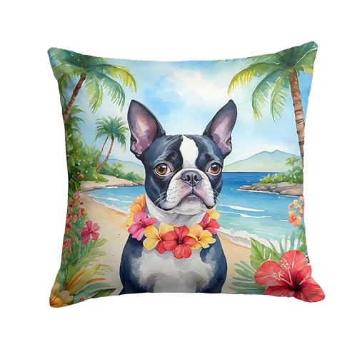 Caroline's Treasures Luau Party Decorative Throw Pillow, 14Hx14W, Boston Terrier 6381
