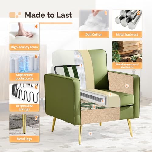 Image of VINGLI Modern Accent Chair, Upholstered Faux Leather PU Armchair with Thick Cushion & Metal Legs, Comfortable Reading Chair for Living Room, Bedroom, Office, Green