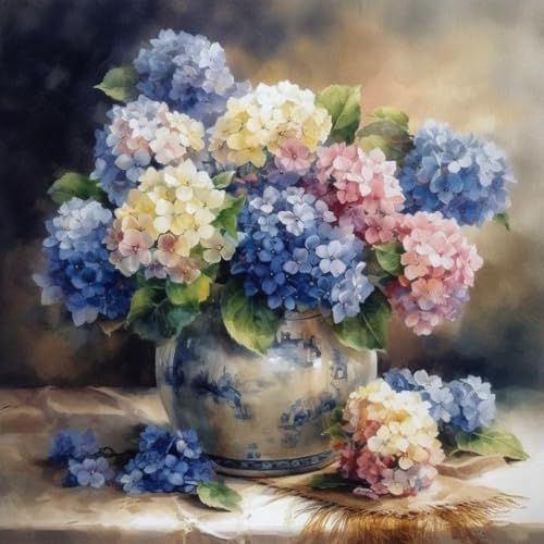 デジタル油絵 数字油絵,アジサイの花瓶,数字塗り絵 手塗り DIY絵 手芸キット アート絵画 デジタル油絵 オフィス インテリア リビング装飾 壁掛けアート,50x50cm 无框