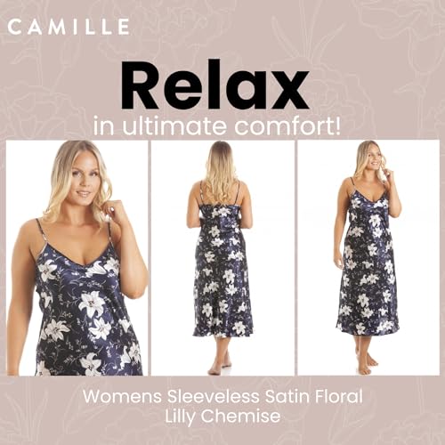 Camille-Womens-Lilly-Floral-Satin-Chemises-38-40-Navy