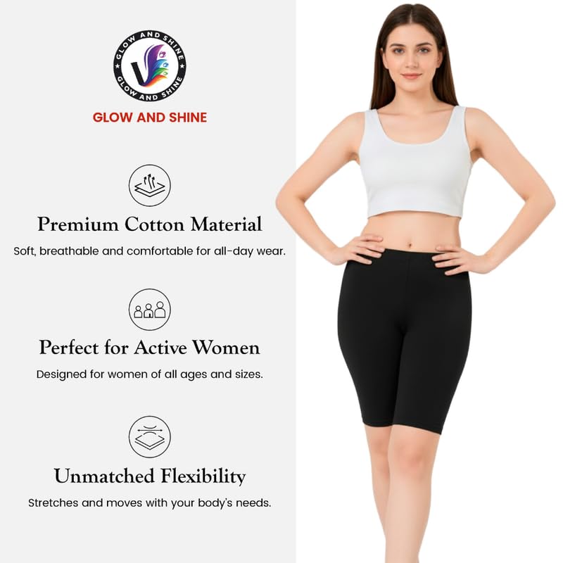 Image of Women's Cotton Lycra Cycling Shorts | 95% Cotton 5% Spandex | Stretchable Knee Length Tights for Gym, Yoga & Sports