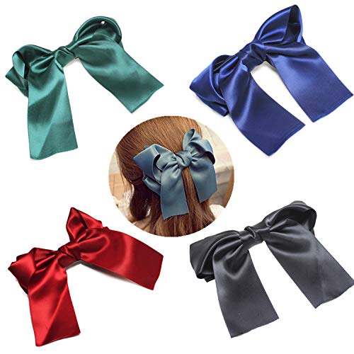 JinYu 4 Pcs Large Big Huge Soft Silky Hair Bow Clip Lolita Party Oversize Handmade Girl French Barrette Style Hair Clips (Dark colors)