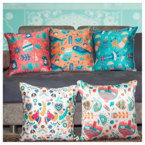 Image of Decorative Satin Sofa Cushion Covers Set of 5, 16 x 16 Inches, Multicolor Floral Printed Pillow Covers for Living Room, Bedroom, Couch & Sofa, Soft Glossy Fabric, Zipper Closure