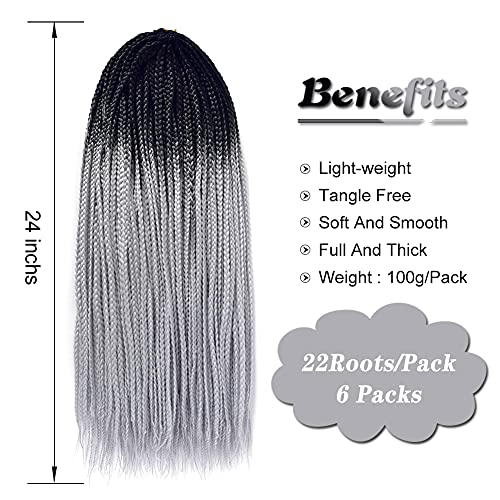 Gottin Hair Box Braids Crochet Hair 6 Packs 24 Inch Gray Ombre Crochet Box Braids Braided 22 Strands Over 60 Colors Gorgeous Crochet Braids Hair Extensions For Black Women (24 Inch, 1B/Sliver Gray) #TOP3