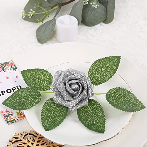 Ipopu Artificial Flowers, 25Pcs Foam Glitter Roses Glitter Foam Rose Foam Rose With Stem For Diy Wedding Bridal Bouquet Home Party Christmas Decoration(Silver) #TOP5