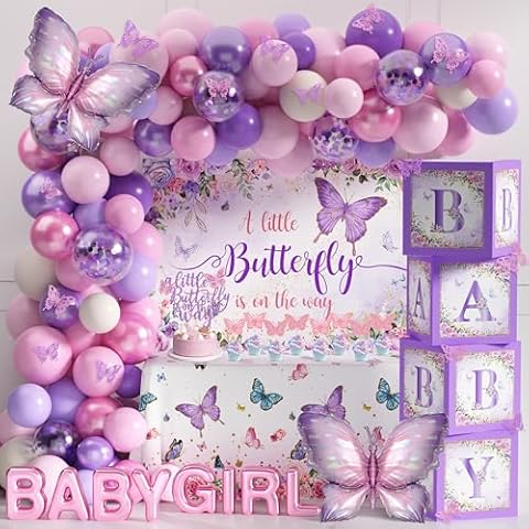 Butterfly Baby Shower Decorations for Girls A Little Butterfly Is On The Way Party Backdrop Butterfly Cake Toppers Stickers Pink Purple Balloons Baby Boxes for Girl Birthday Baby Shower Decor Cover