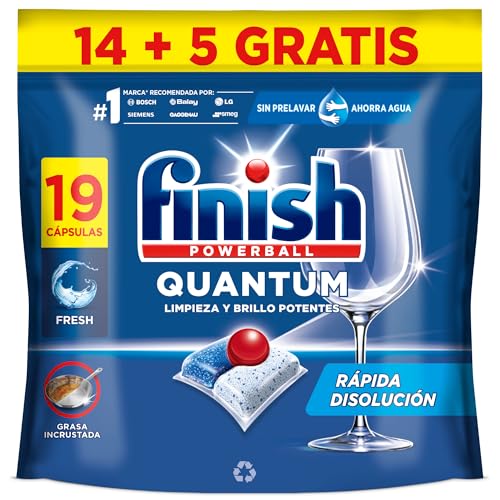 Finish Powerball Quantum All in 1 Pastillas para el lavavajillas todo en 1, limpieza profunda y brillo superior, 19 pastillas