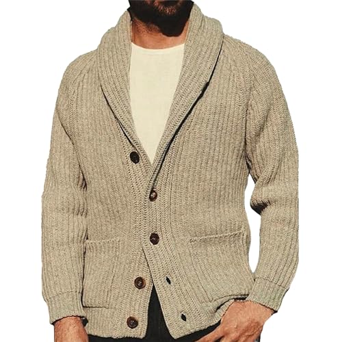 Mens Shawl Collar Loose Fit Cardigans Slim Fit Button Down Knitted Cardigan Wool Blend Knitwear with Pockets