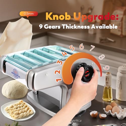 Moongiantgo Nudelmaschine Elektrische Edelstahl mit 9 Einstellbare Dicke 0,5-5mm Für Lasagne, Ravioli, Spaghetti und Tagliatelle (Nudelgröße: 2 mm, 2,5 mm, 4 mm, 9 mm)