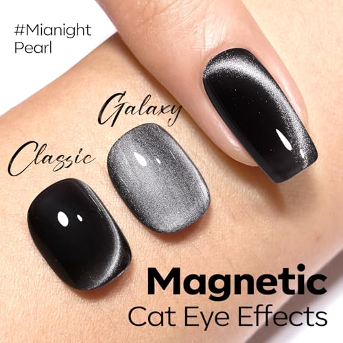 Image of modelones Black Cat Eye Gel Nail Polish Silk Glass Shimmer Black Nail Polish Holographic Glitter Magnetic Polish with Magnet Soak Off Led 15 ML