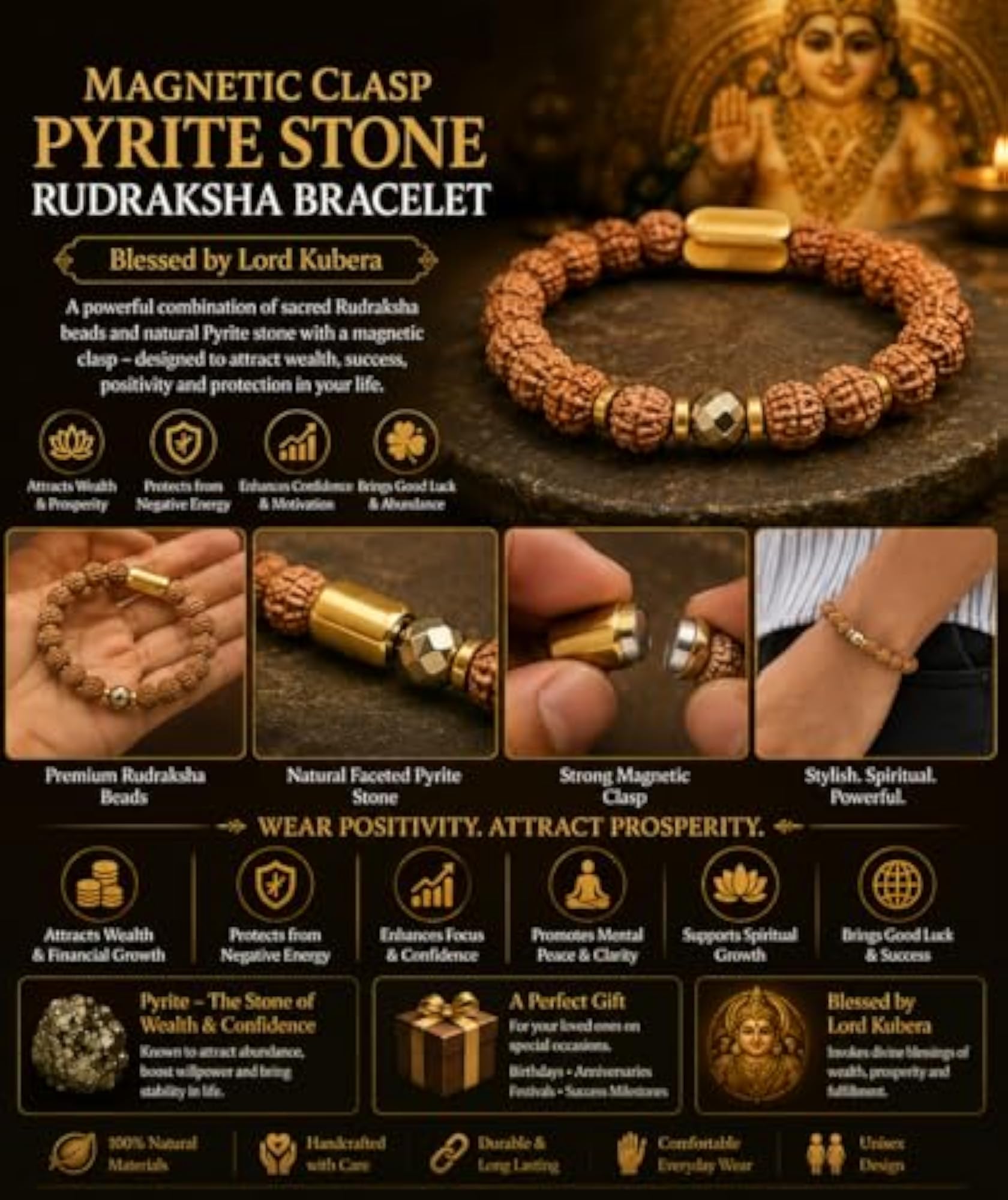 Unisex Pure Pyrite Stone Rudraksha Bracelet, Magnetic Clasp